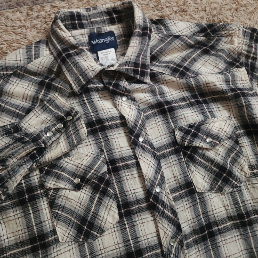 Wrangler Western Snap Shirt Mens 2XT Black White Plaid Pearl Snap Tall Cotton